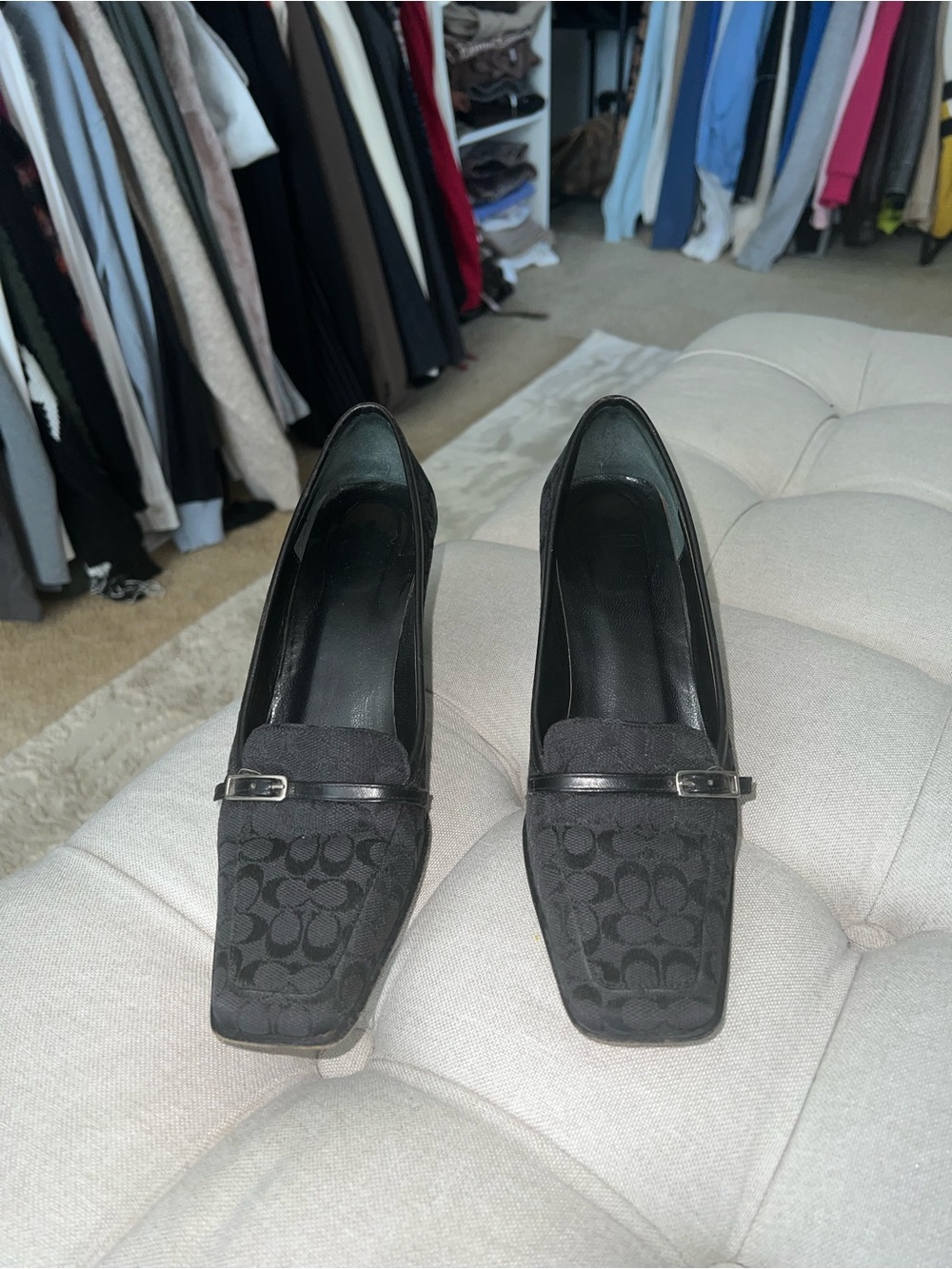 Coach Black Signature Jacquard Block Heel Pumps
